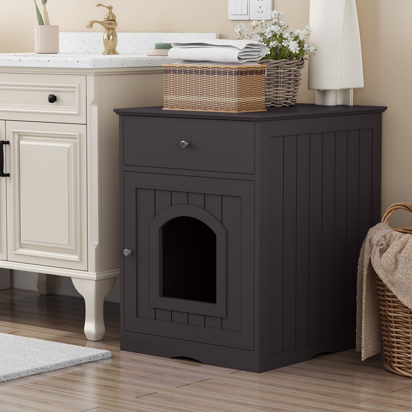 Wooden Pet House Cat Litter Box Enclosure with Drawer, Side Table