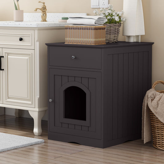 Wooden Pet House Cat Litter Box Enclosure with Drawer, Side Table