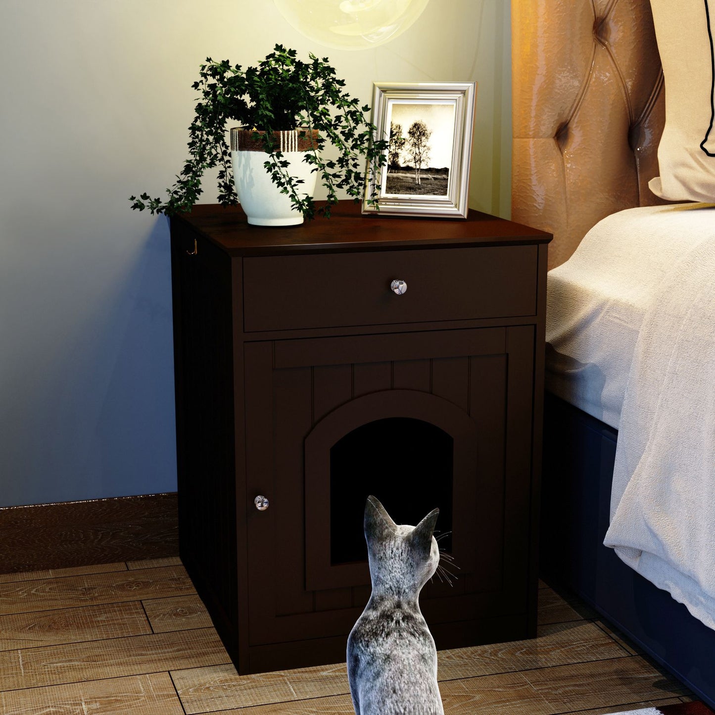 Wooden Pet House Cat Litter Box Enclosure with Drawer, Side Table