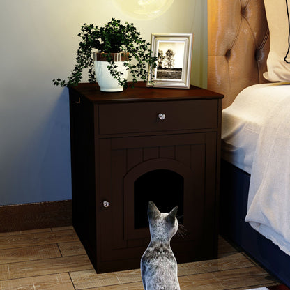 Wooden Pet House Cat Litter Box Enclosure with Drawer, Side Table