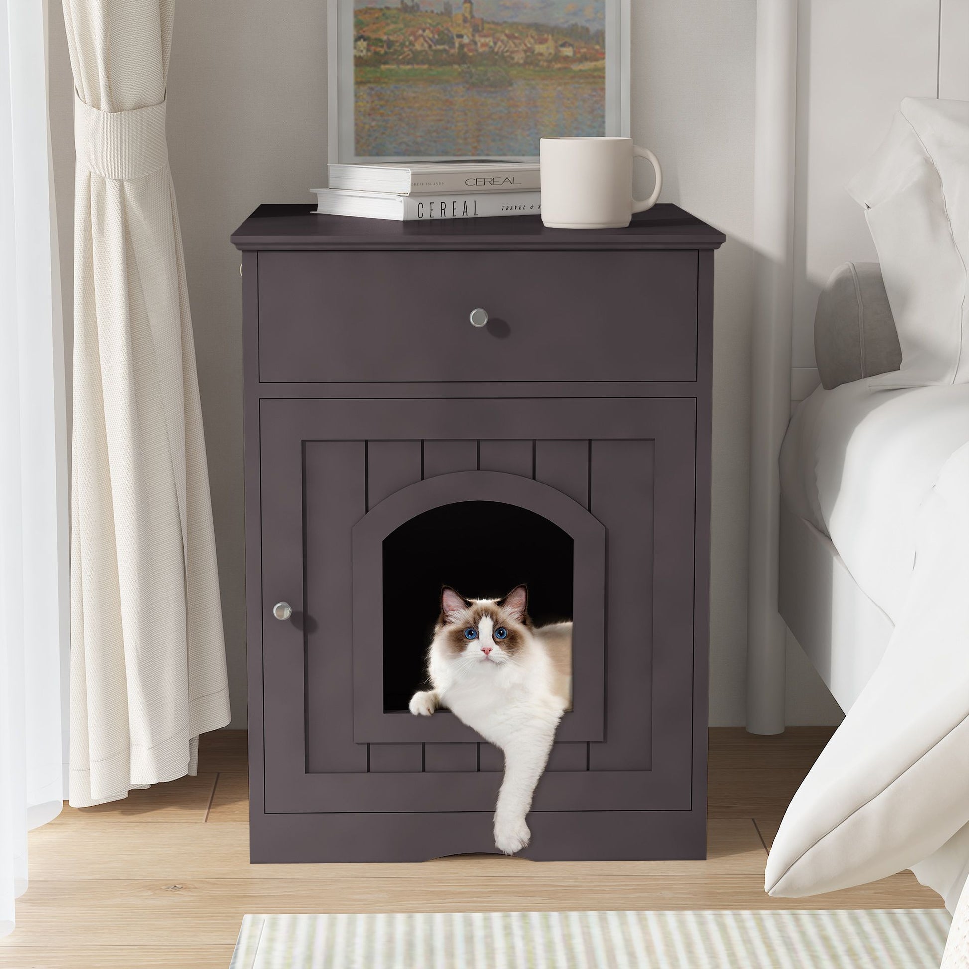 Wooden Pet House Cat Litter Box Enclosure with Drawer, Side Table