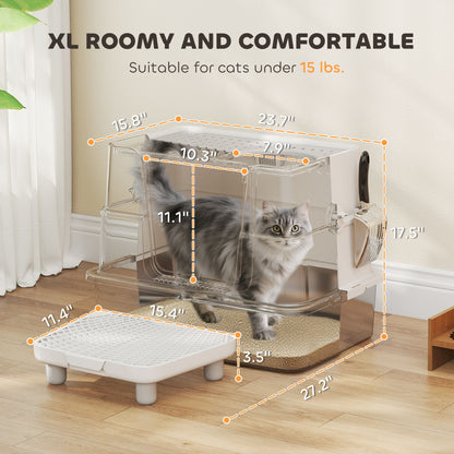 XL Stainless Steel Litter Box with 100° Flip Top, Scoop, Step, Top
