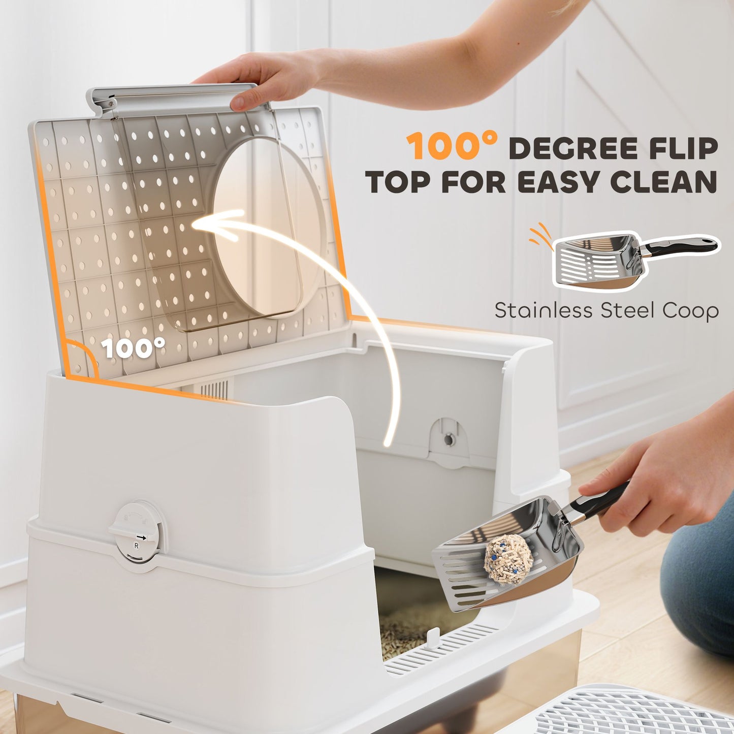 XL Stainless Steel Litter Box with 100° Flip Top, Scoop, Step, Top