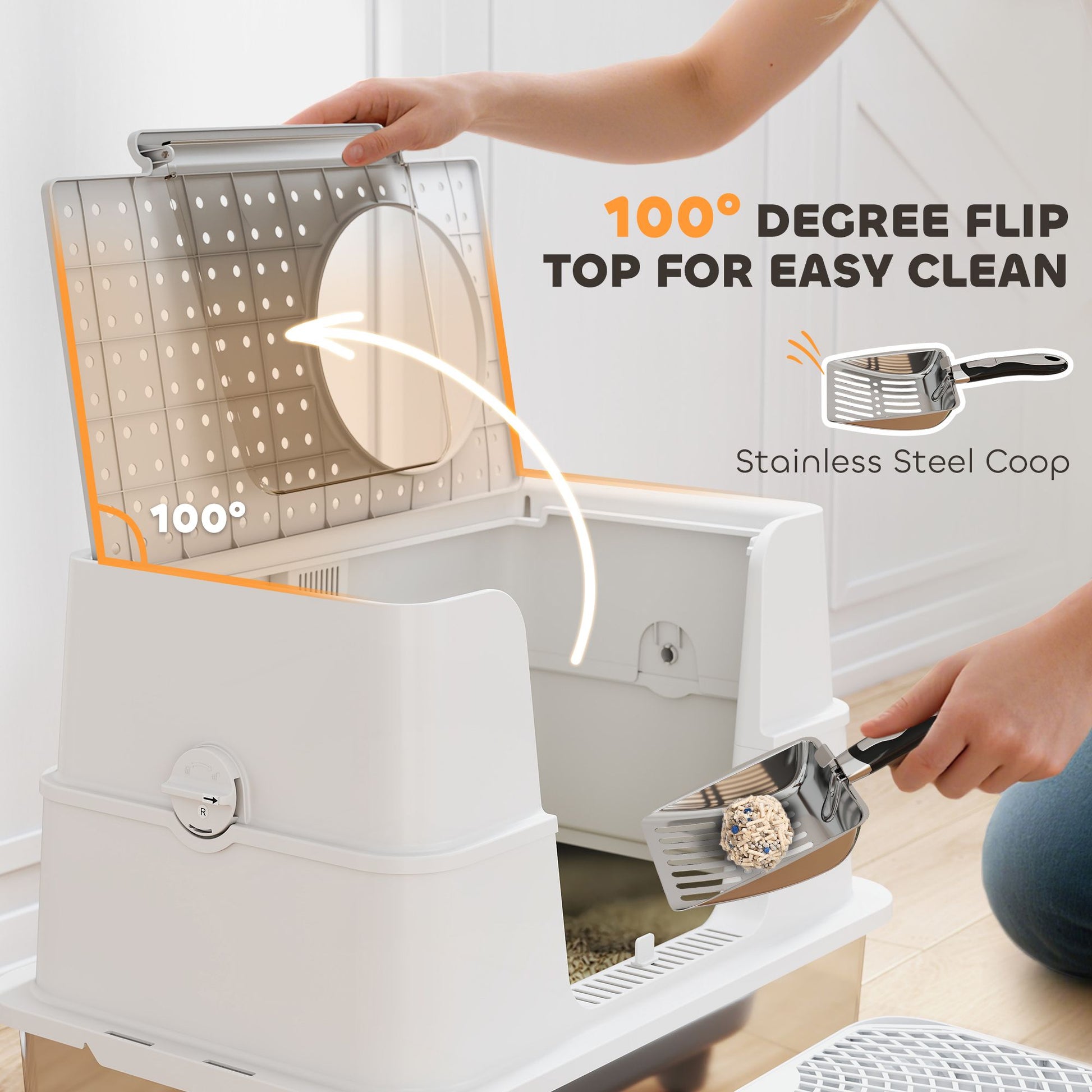 XL Stainless Steel Litter Box with 100° Flip Top, Scoop, Step, Top