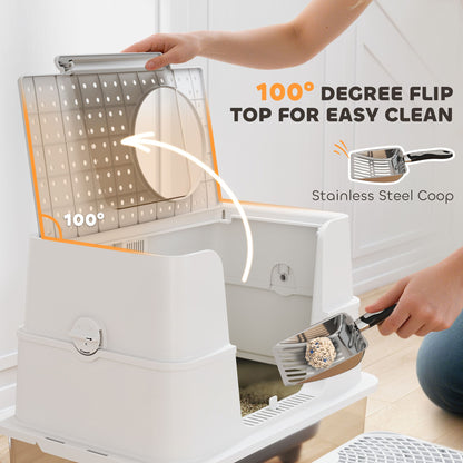 XL Stainless Steel Litter Box with 100° Flip Top, Scoop, Step, Top