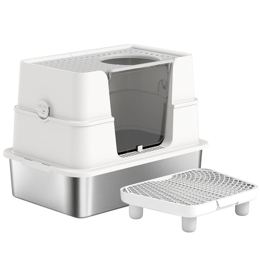 XL Stainless Steel Litter Box with 100° Flip Top, Scoop, Step, Top