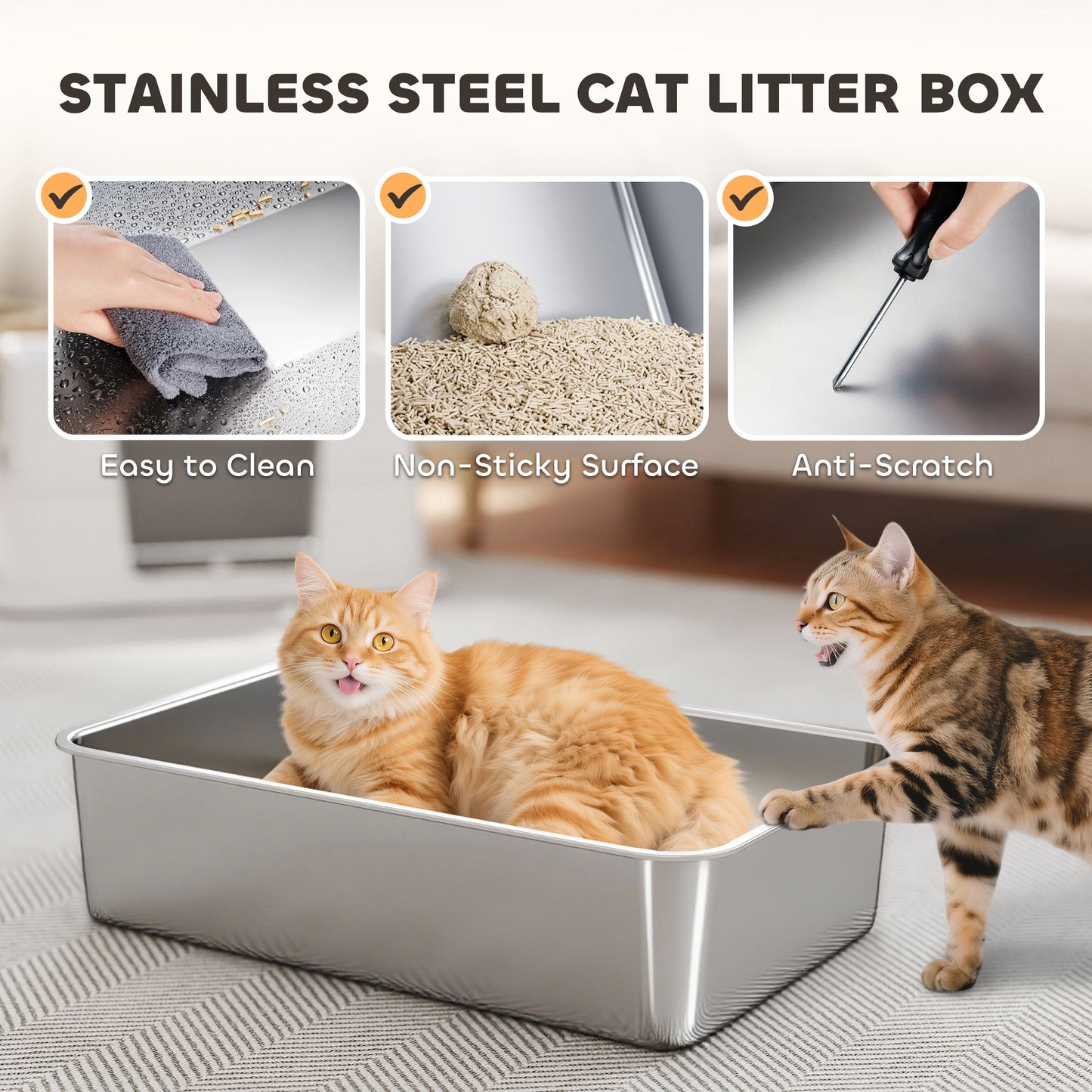 XL Stainless Steel Litter Box with 100° Flip Top, Scoop, Step, Top
