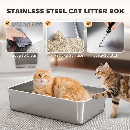 XL Stainless Steel Litter Box with 100° Flip Top, Scoop, Step, Top