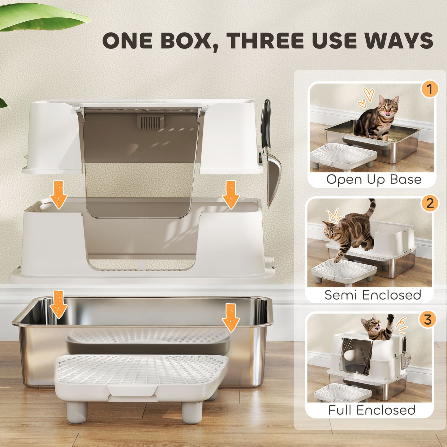 XL Stainless Steel Litter Box with 100° Flip Top, Scoop, Step, Top